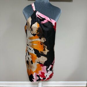 Vintage haven 100% silk bold watercolor asymmetrical midi sheath dress S pockets